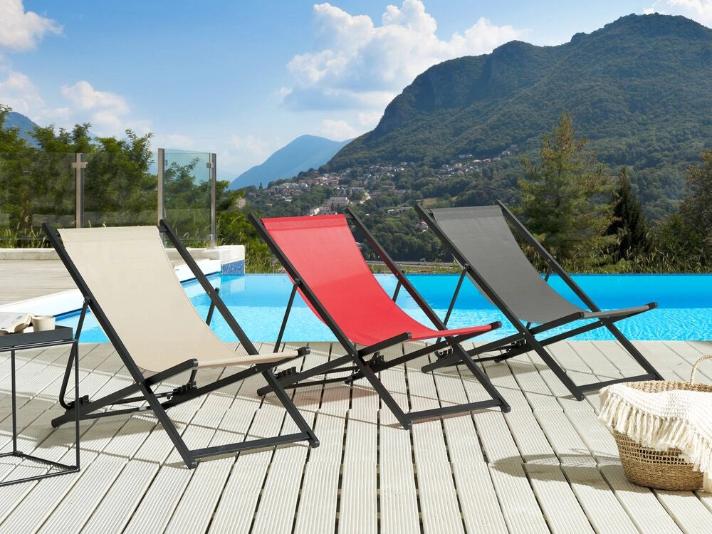 Sedia a sdraio pieghevole e reclinabile per esterno rosso e nero piscina terrazzo giardino