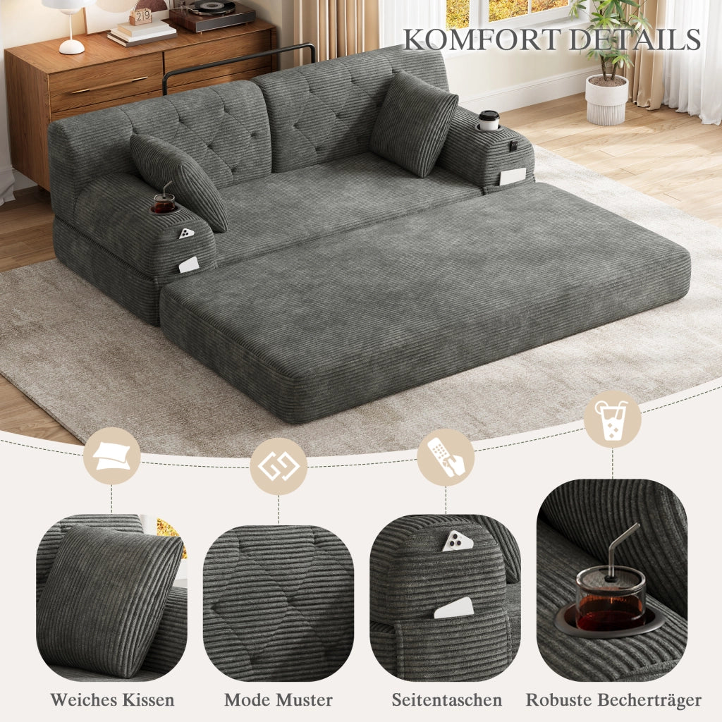 DIVANO LETTO 2 Posti 168x80x81 cm in Corduroy Grigio Scuro