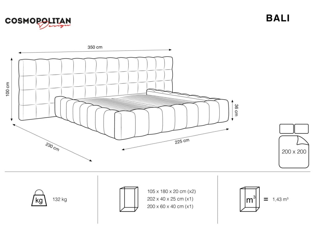 Cosmopolitan Design - Letto a cassettone con testiera doppia "Bali" 200x200cm in velluto blu scuro 