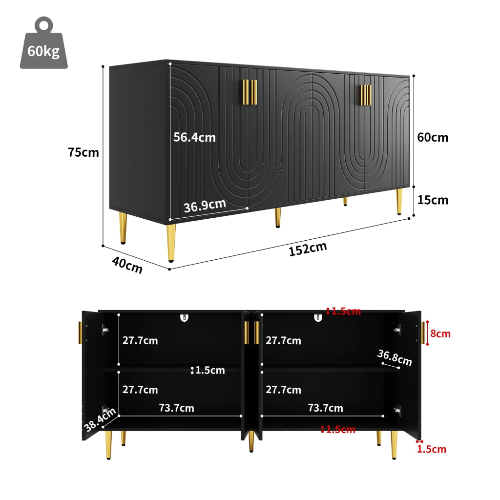 Credenza con 4 Ante e 2 Cassetti; Frontali Ondulati; Maniglie e Piedini Dorati; Moderna; in MDF; 152??40??75 cm; Nera