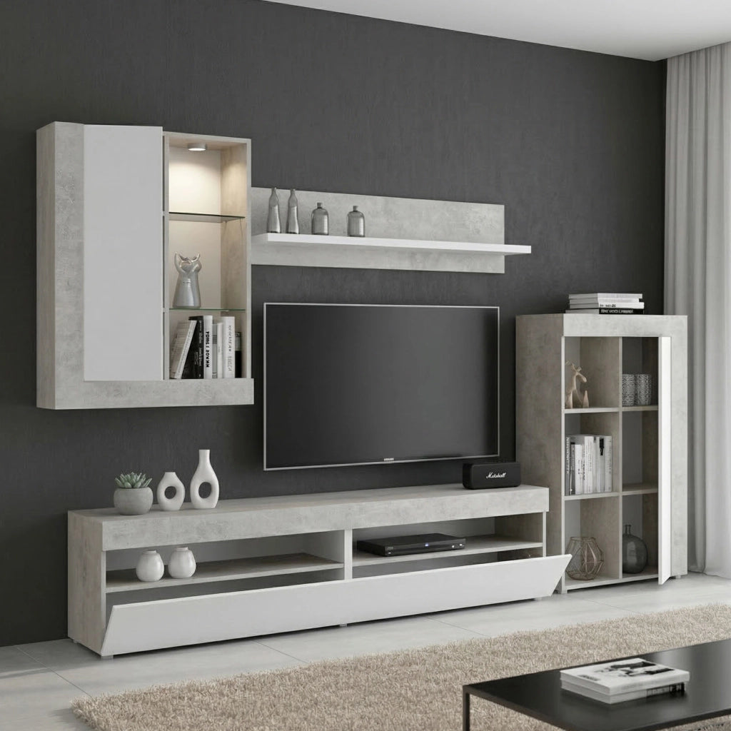 Parete attrezzata Aleu, Set da soggiorno componibile, Mobile salotto multiposizione, 265x42h180 cm, Bianco e Cemento