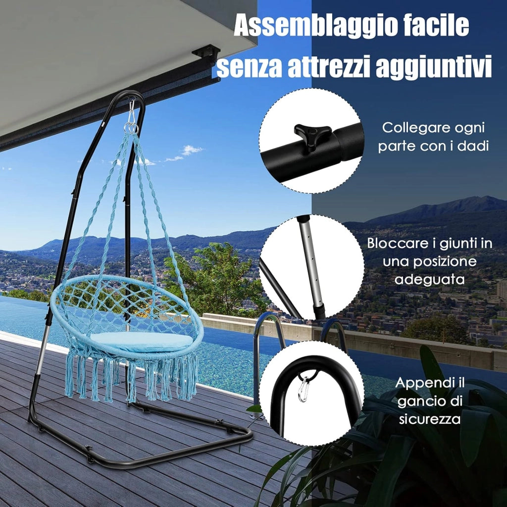 Sostegno per Sedia Sospesa Regolabile, Struttura Resistente con Gancio di Sicurezza, Carico Fino 150KG, Cuscinetti Antiscivolo, Perfetto per Camera da Letto, Patio, Cortile, Piscina, Veranda