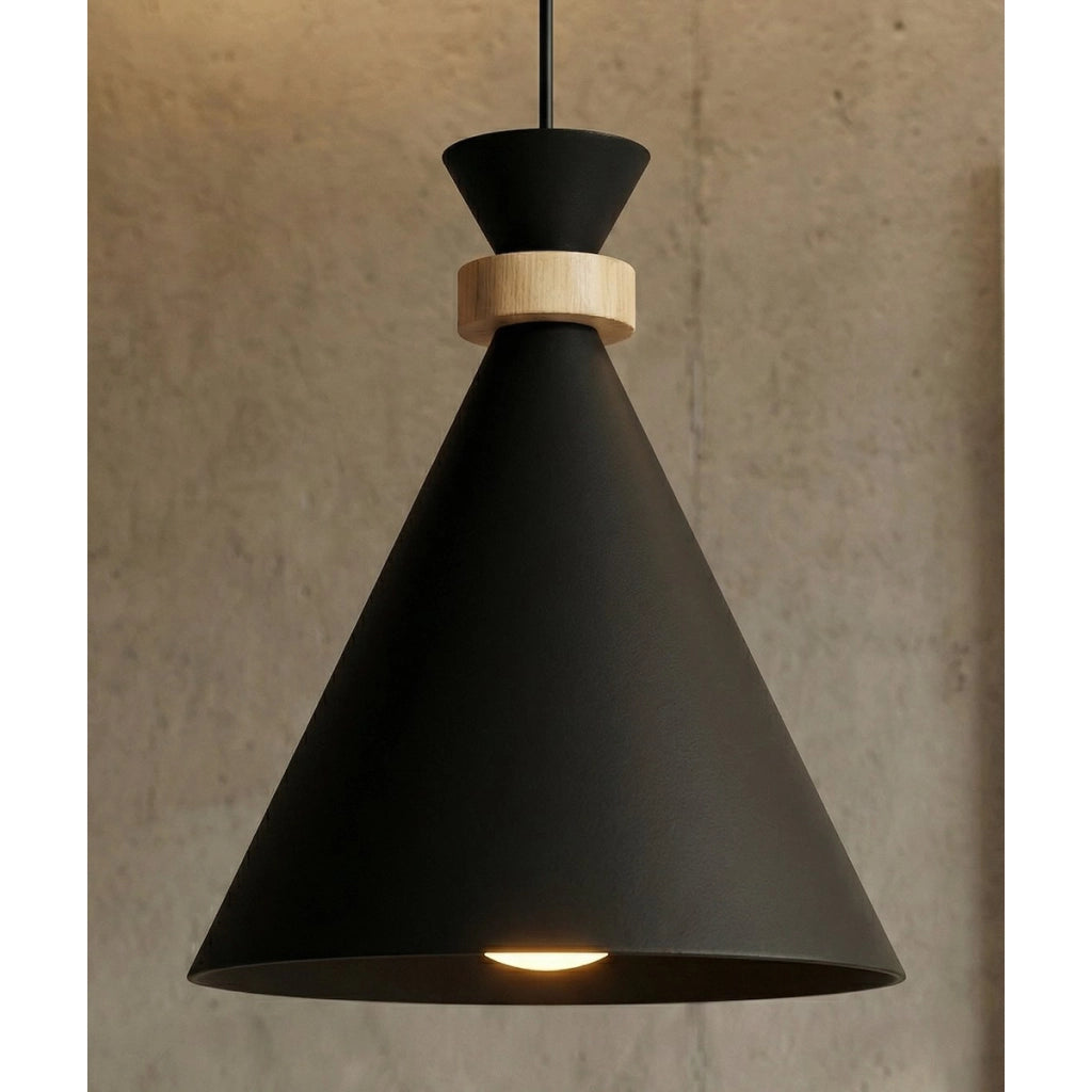 Lampada a sospensione Zero in acciaio nero opaco e legno