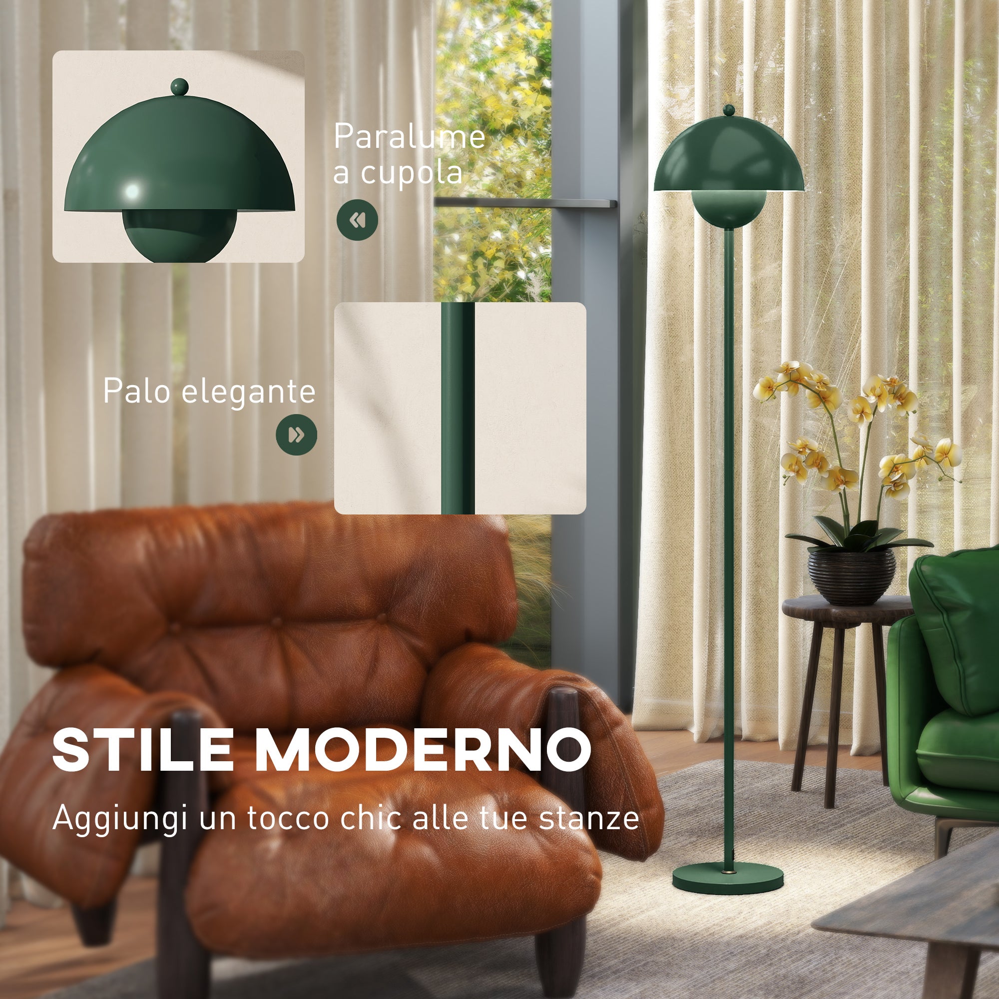 Lampada da Terra con Paralume Semicircolare Ø30x155 cm Interruttore a Pedale in Acciaio Verde