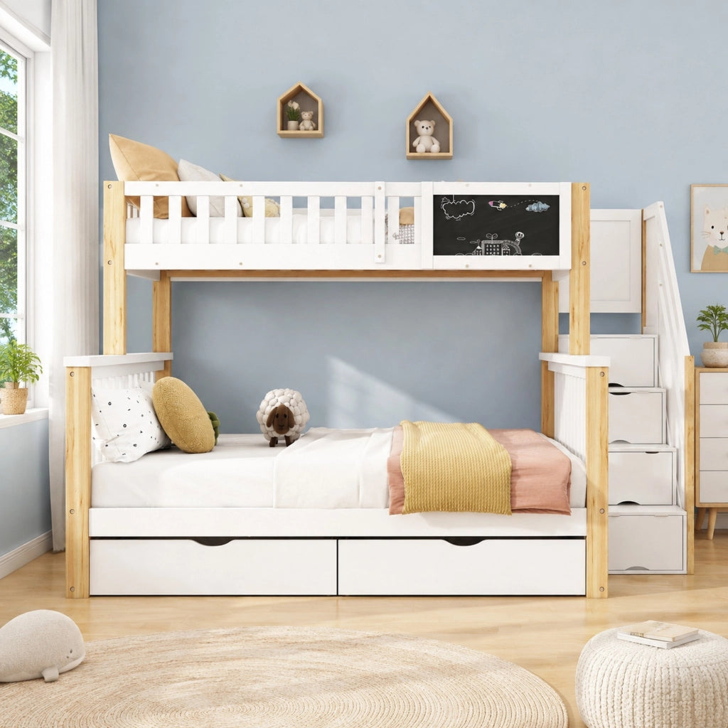 Letto a castello multifunzionale per bambini con lavagna e cassetti, bianco e rovere chiaro, 90x200 cm + 140x200 cm