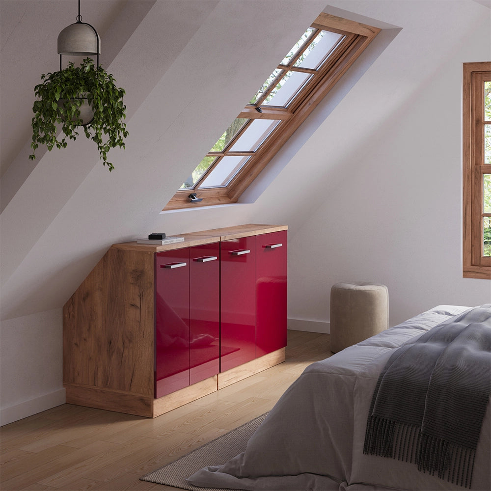 Set di mobili sottotetto Rion Rosso lucido/Rovere dorato 140 cm Set di 2 carcasse armadio profondità 60 cm Vicco