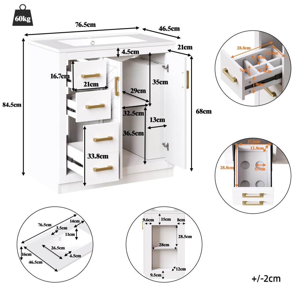 Mobile sottolavabo con lavabo in ceramica, 2 ante, 3 cassetti e ripiani aperti per bagno, bianco, 76.5 × 46.5 × 84.5 cm