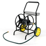 Carrello avvolgitubo da giardino con 2 ruote e cestino portaoggetti, Carrello tubo da giardino per esterni e giardino Nero-Attrezzi da giardino