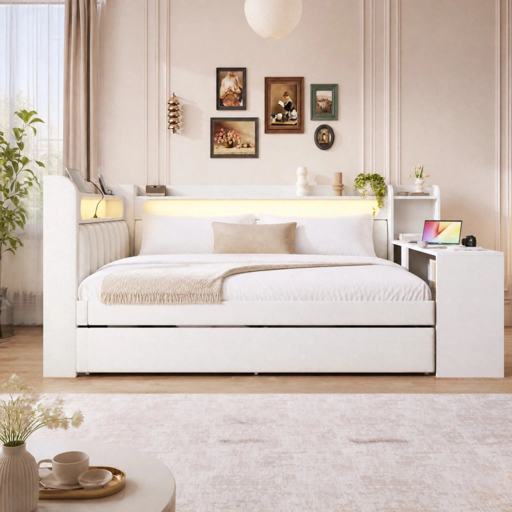 Letto da giorno imbottito 140x200 cm con LED, USB e scrivania