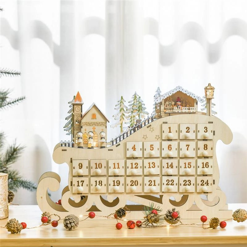 CALENDARIO DELL'AVVENTO A SLITTA IN LEGNO E LED 45X10X31 CM