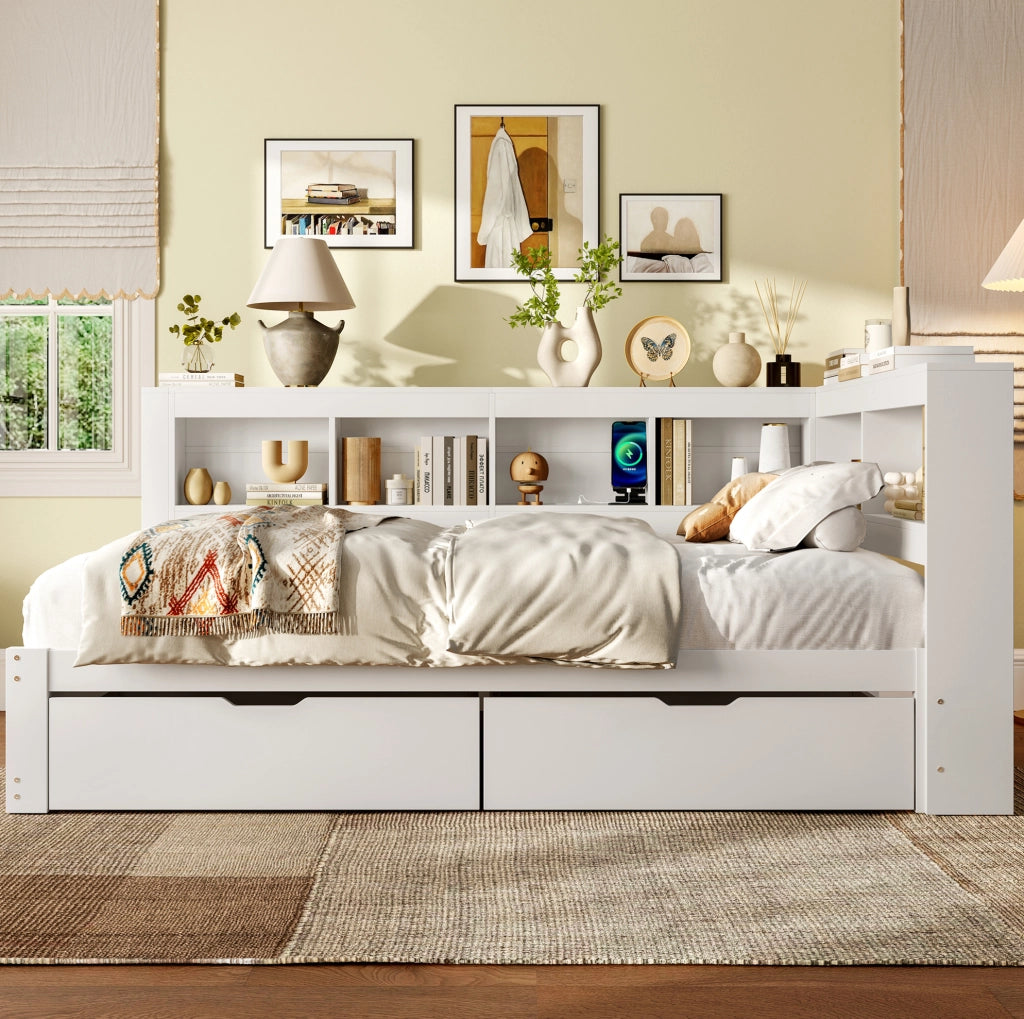 Divano letto 140x200 cm con prese e 2 porte USB in MDF e pino bianco