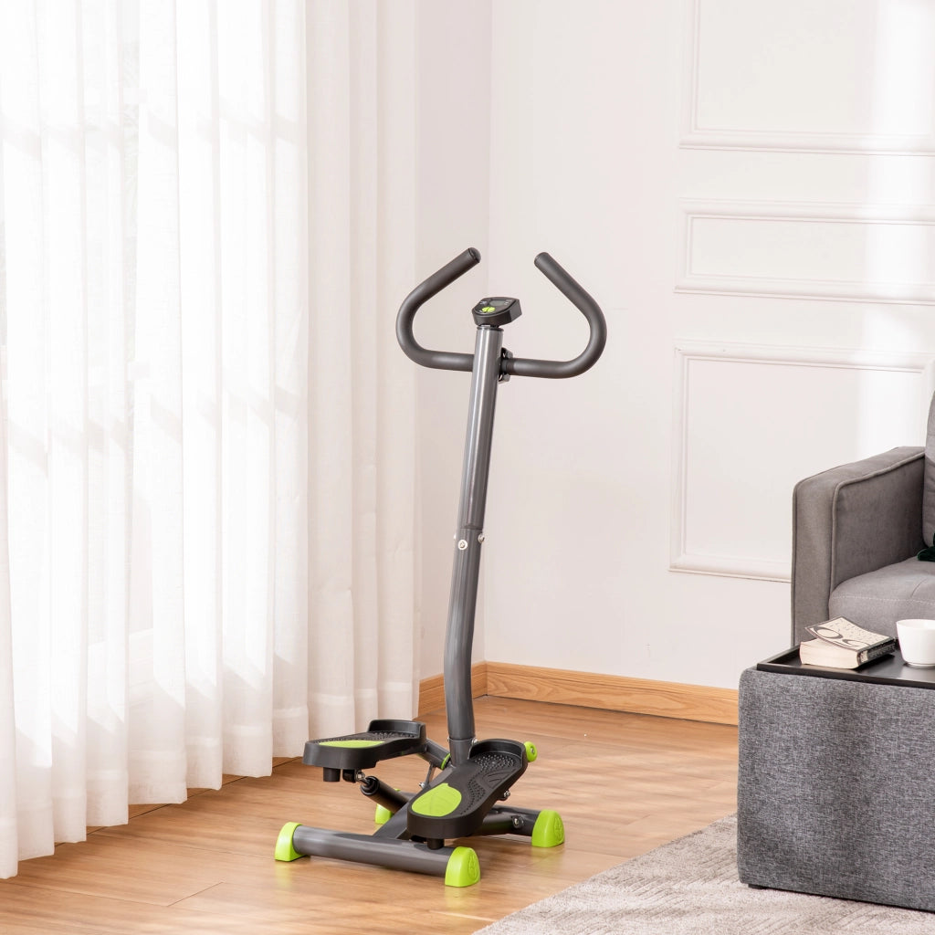 Stepper con Manubrio, Pedali Antiscivolo e Monitor LCD, in Acciaio e ABS, 55x44x108 cm, Nero Grigio e Verde