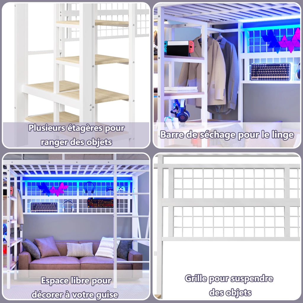 Letto a soppalco singolo 90×200 cm con LED; ripiano e rete appendiabiti; senza materasso; metallo; bianco