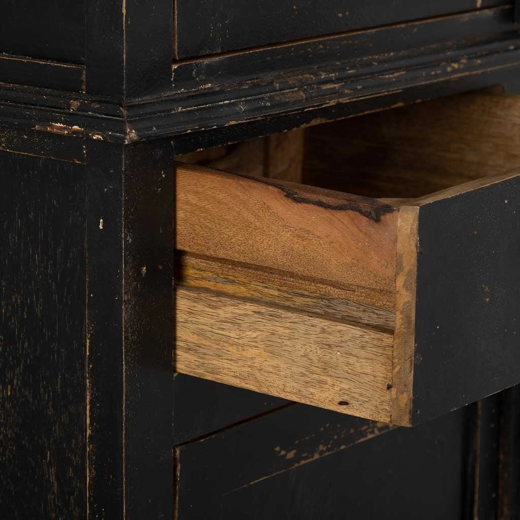 Vetrina in legno e vetro rifinita artigianalmente con 4 ante e 2 cassetti nera 85x40x180
