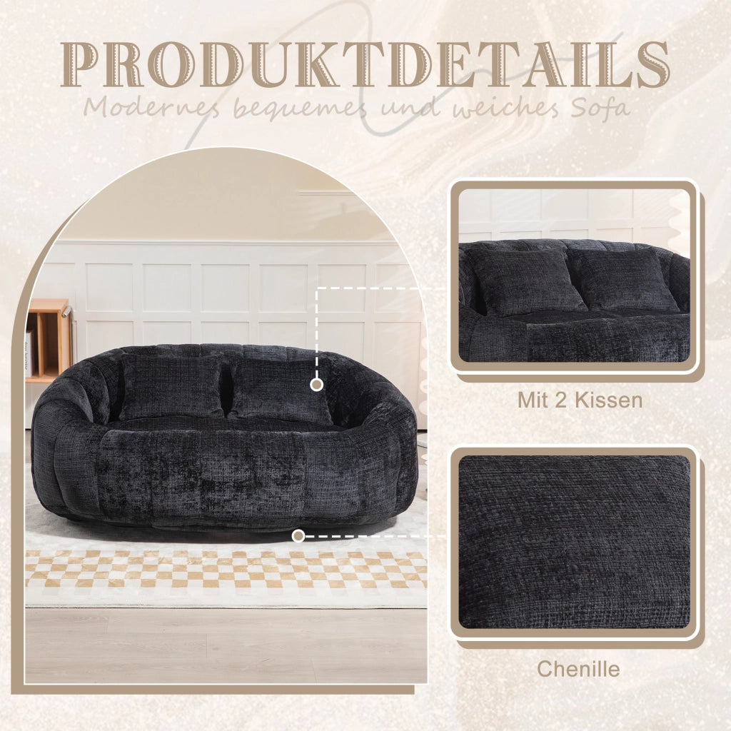 Divano Pouf 2 Posti con Braccioli e Schienale Alto; Poltrona Gaming da Pavimento in Memory Foam Confort; in Ciniglia Nero
