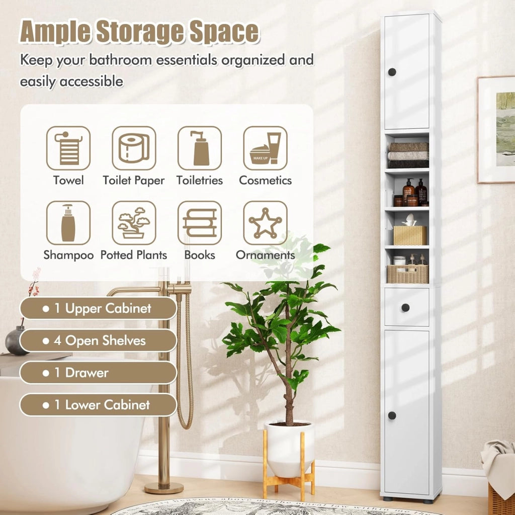 Scaffale Bagno Colonna 20 x 20 x 180 cm, Armadio da Bagno Sottile con Cassetto, 2 Ante e 4 Ripiani Aperti, Armadio per Bagno e Soggiorno