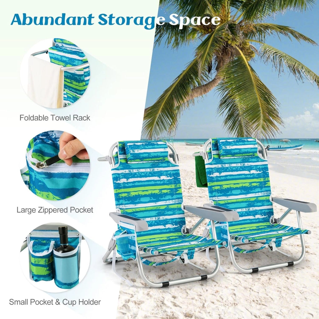 Sedia da Spiaggia Pieghevole, Spiaggina con Schienale Regolabile in 5 Posizioni, Sdraio Mare con Poggiatesta, Lettino Prendisole con Tasca Laterale, Carico 150 kg (Blu+Verde*2)