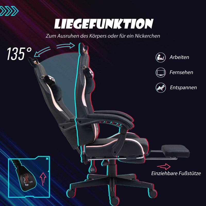 Sedia gaming con orecchie di gatto, schienale reclinabile, poggiapiedi estraibile e ruote in ecopelle nera