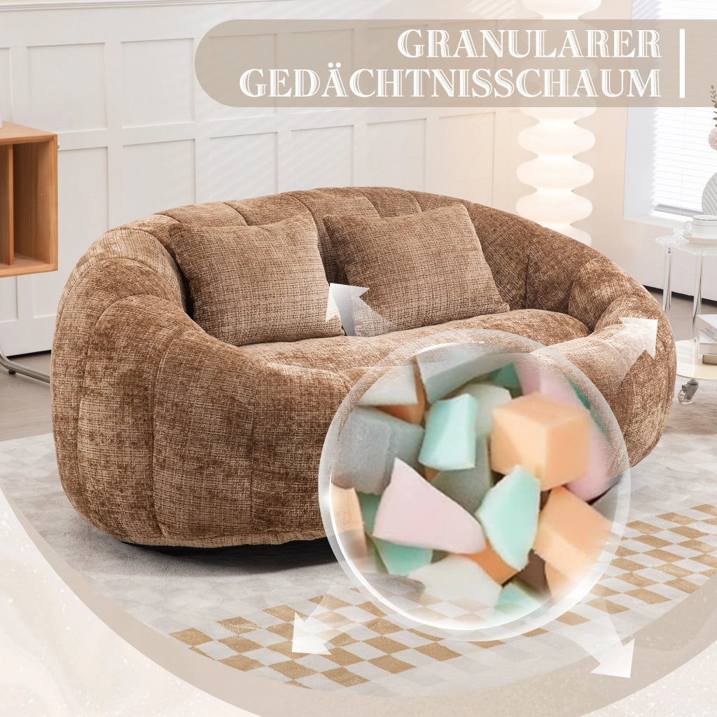 Divano Pouf 2 Posti con Braccioli Ergonomico Schienale Alto Memory Foam Comfort in Ciniglia Caffè