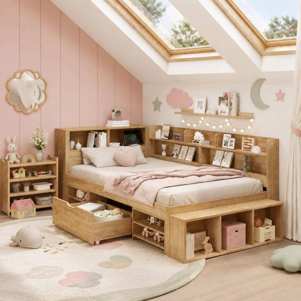 LETTO per bambini 90x200 cm in plywood colore naturale con contenitori