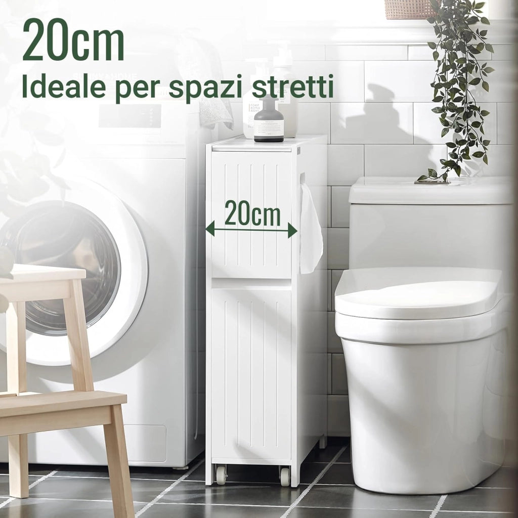 Stretto Mobiletto Bagno con Rotelle 20cm– Carrellino Salvaspazio con Cassetto per Conservare Carta Igienica, Mobile Bagno in Legno, Bianco, 20x75x60cm, BZR111-W