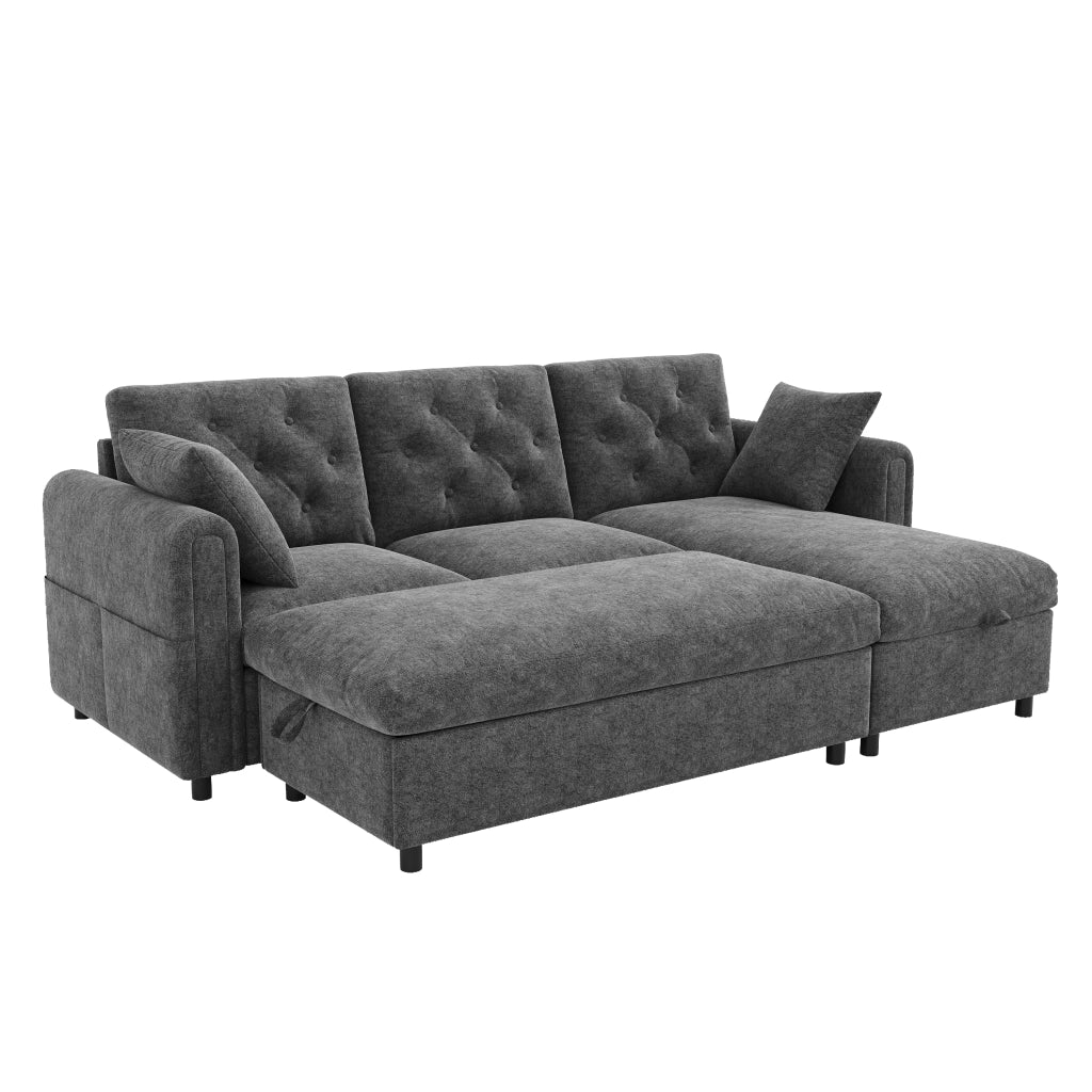 Divano in velluto grigio con chaise longue e pouf contenitore, seduta con molle insacchettate, 219 x 131 x 86 cm