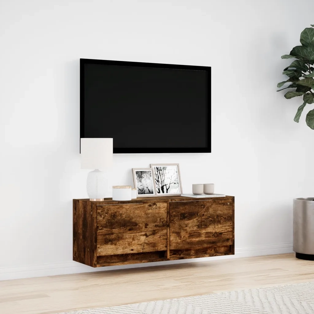 Mobile TV a Parete con Luci LED Rovere Fumo 100x31x35 cm