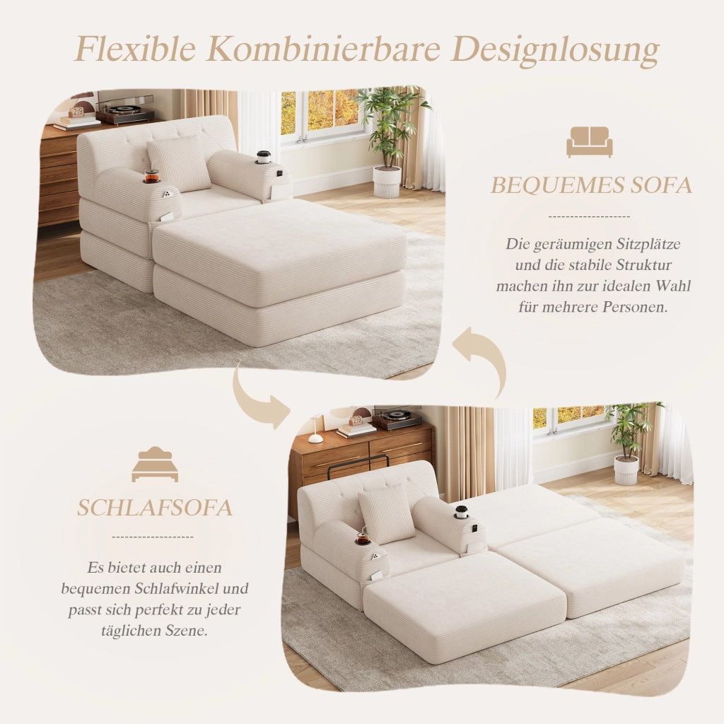 Poltrona letto compatta con funzione letto schienale alto tasche laterali e portabicchieri in tessuto cord beige
