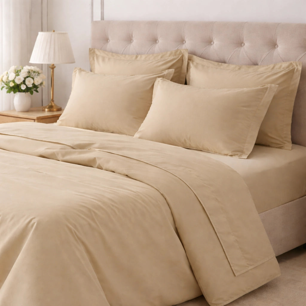 Rova, set Completo Letto Matrimoniale in Cotone, Marrone Sabbia