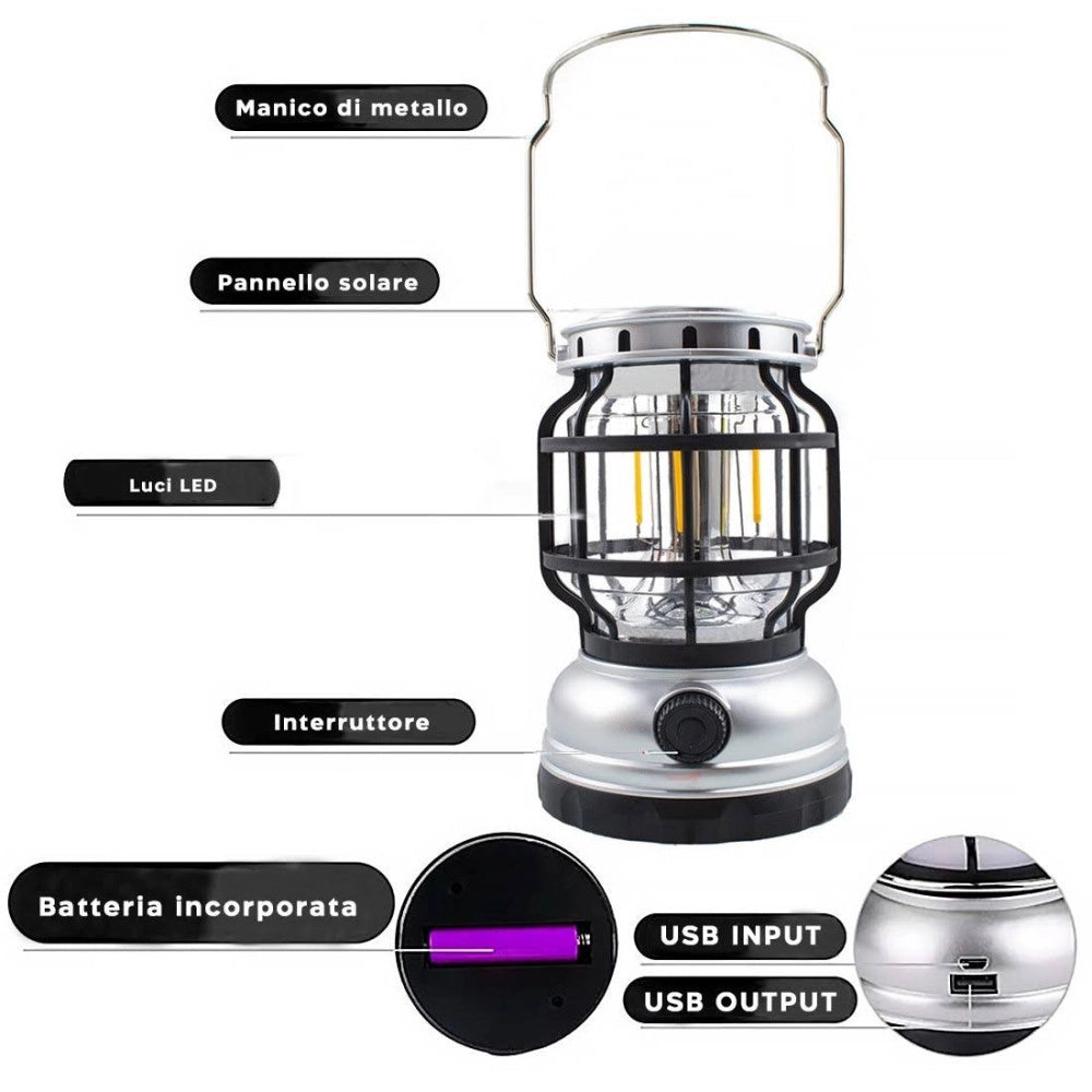 Trade Shop - Lampada Da Campeggio A Led Solare Lanterna A Fiamma Portatile Ricaricabile Usb -