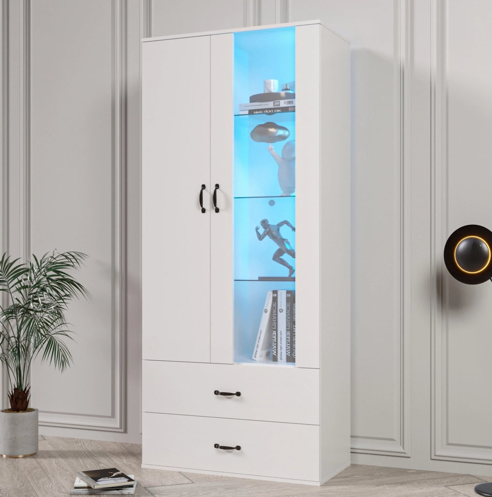 Vetrina alta moderna bianca 59;5x35x182 cm con LED Bluetooth; 2 porte e 5 vani