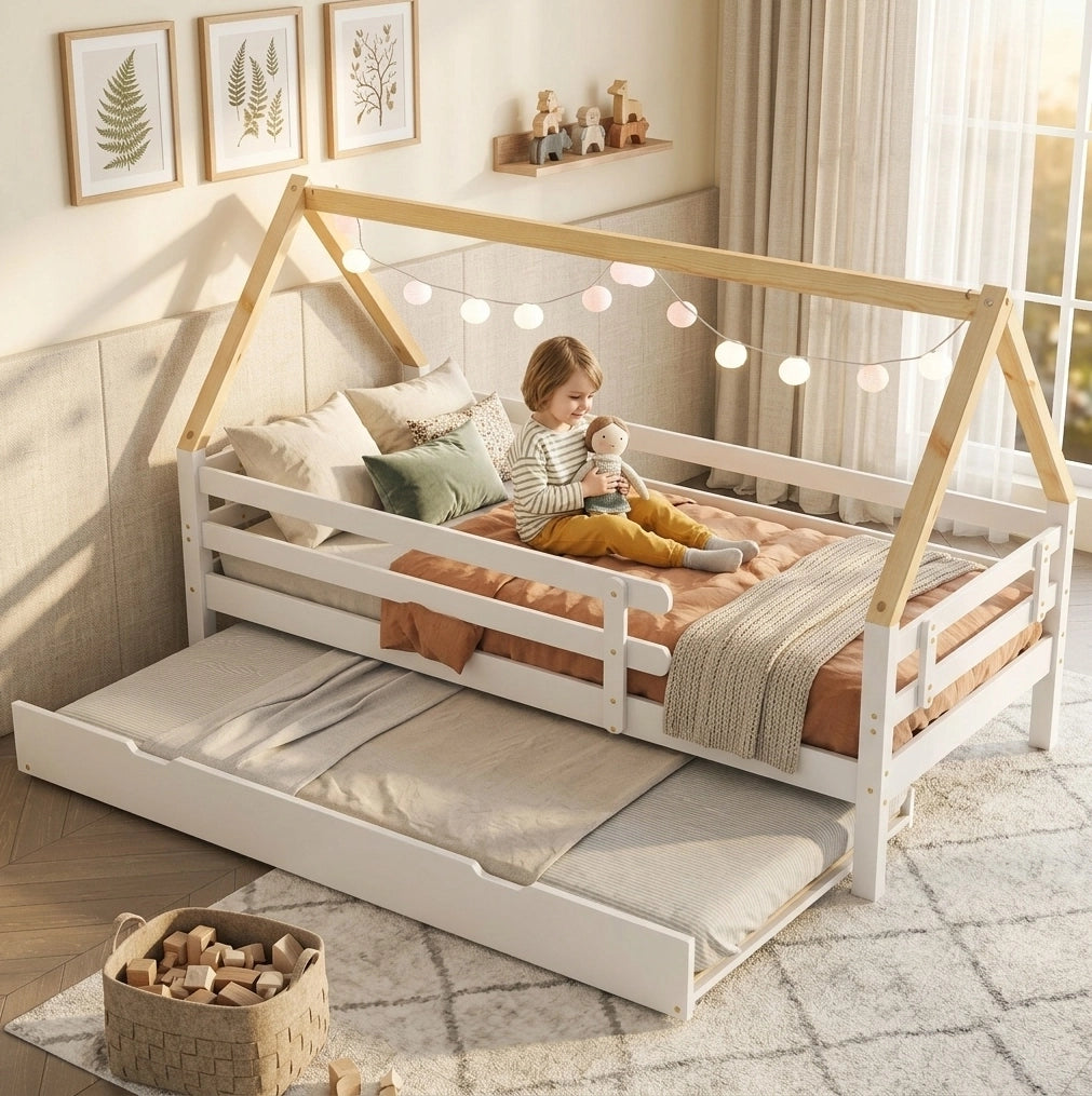 Letto a casetta con letto estraibile, sicuro e salvaspazio per bambini