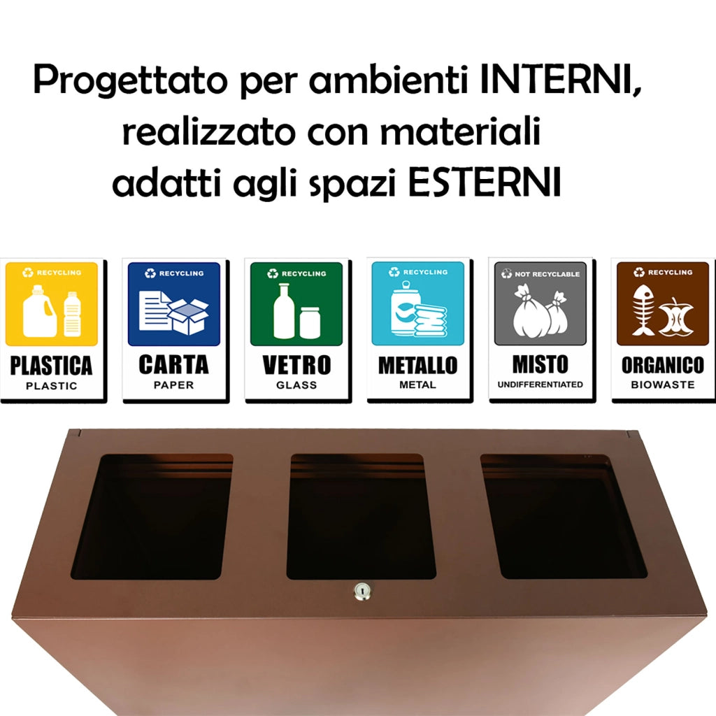 Pattumiera per Raccolta Differenziata 3 Scomparti Capacità 180 lt 90x30x80 cm in Acciaio Corten