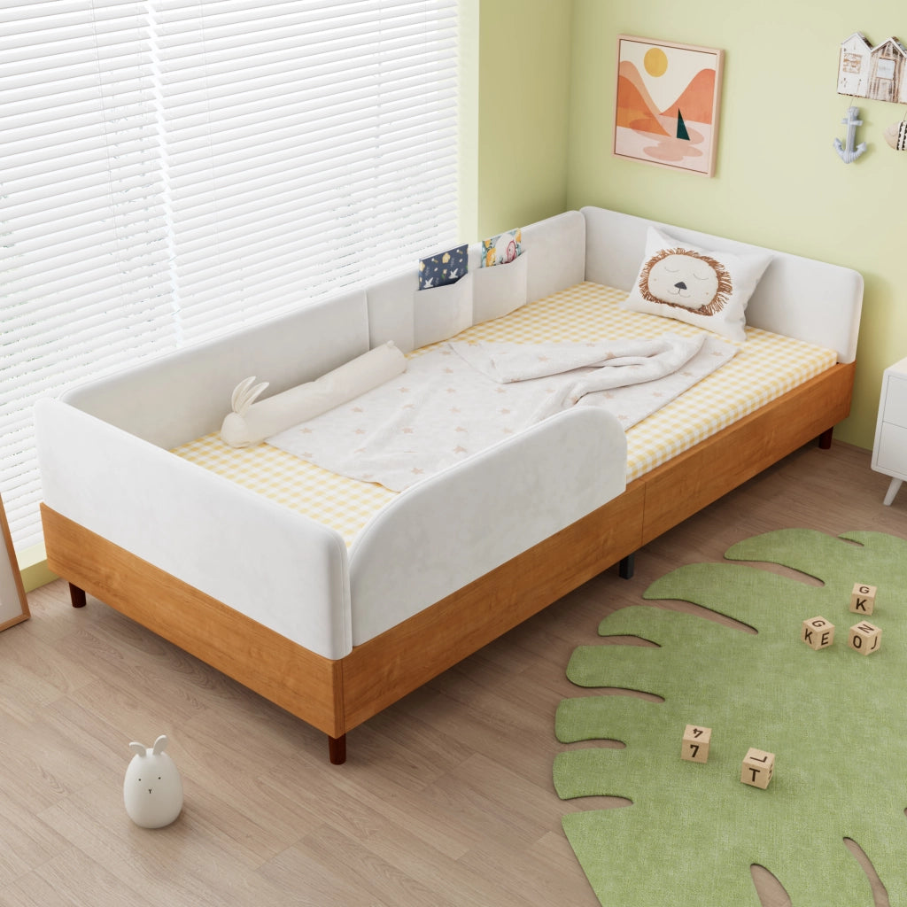 Letto singolo imbottito in velluto e legno 90x200 bianco 2 tasche bordo antiurto