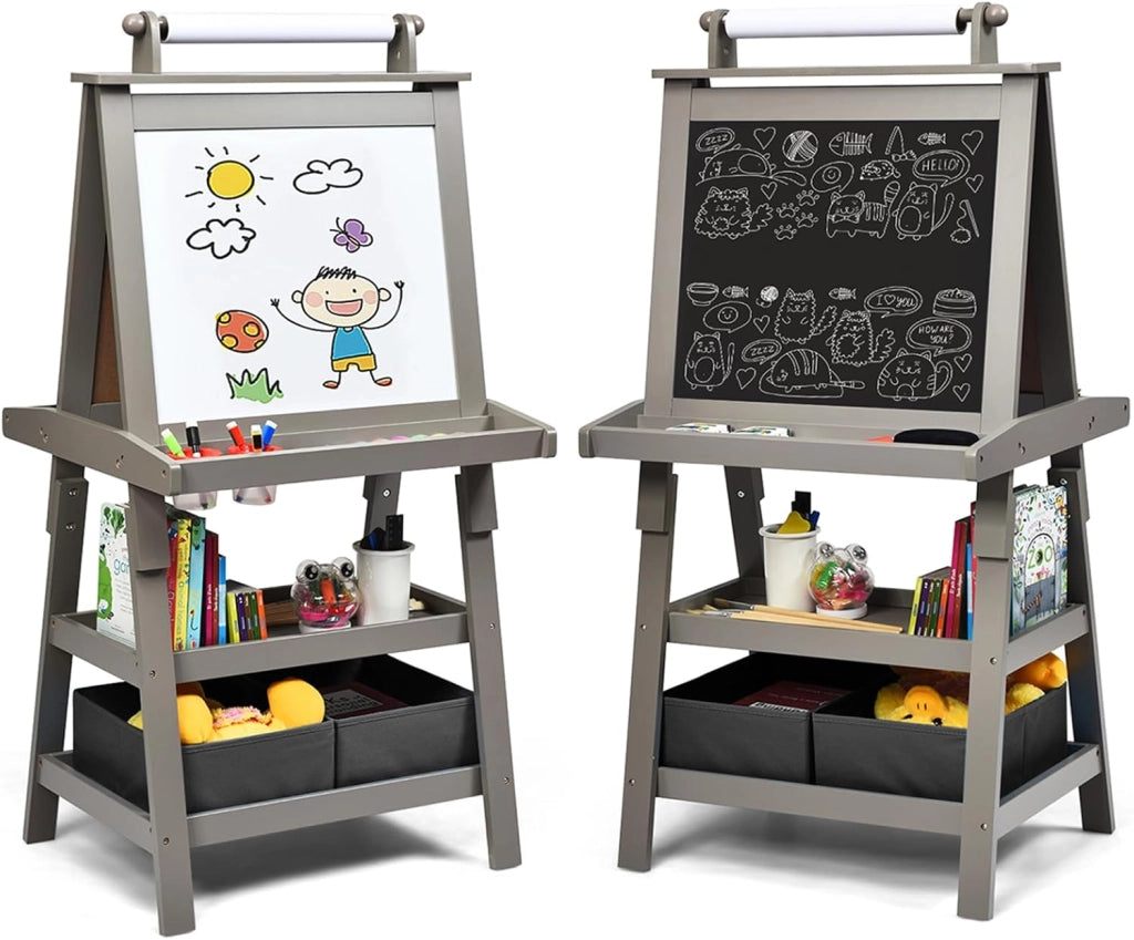 3 in 1 Cavalletto per Bambini con Doppia Faccia, Cavalletto per Disegno con 2 Vassoi e 2 Scatole, Lavagna Bambini in Legno (Caffè)