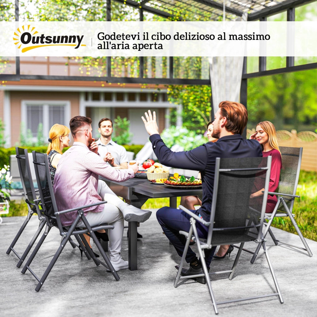 Set da Giardino con Tavolo da Pranzo Allungabile e 6 Sedie Pieghevoli in Acciaio Alluminio e Rete Grigio e Nero