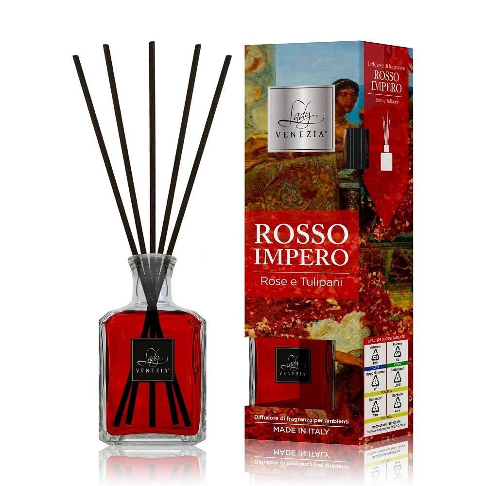Trade Shop - Maxi Diffusore Ambiente Bastoncini Fragranza Rosso Impero Rose E Tulipani 250 Ml -