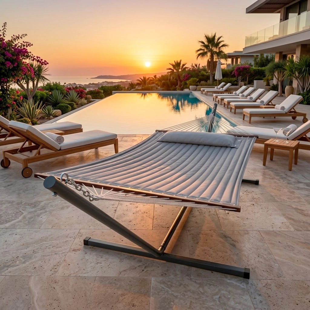 Amaca Matrimoniale Da Esterno Con Supporto Tubolare In Acciaio Tessuto Resistente E Traspirante Perfetta Per Relax In Giardino Veranda Terrazzo Balcone E Piscina 350 x 120 Cm Grigio