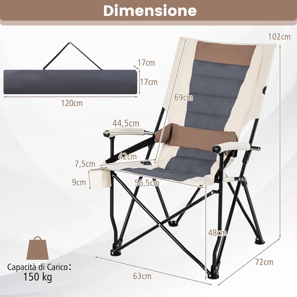 Sedia da Campeggio Pieghevole Portatile, Sedia da Campeggio Imbottita 150 KG con Portabicchieri Braccioli Cuscino Struttura in Metallo, Sedia Portatile da Esterno Pesca Giardino Campeggio