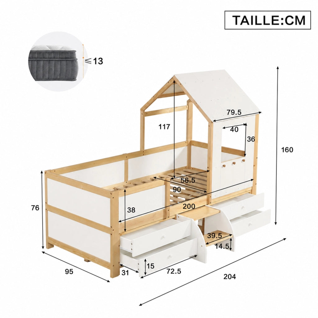 DESMIU Letto per Bambini Semialto 1 Posto con 4 Cassetti, Tetto e Finestra, 90 × 200 cm, Senza Materasso