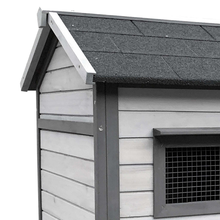 Conigliera in legno grigio chiaro 146x75x83cm con recinto e vassoio estraibile per la pulizia