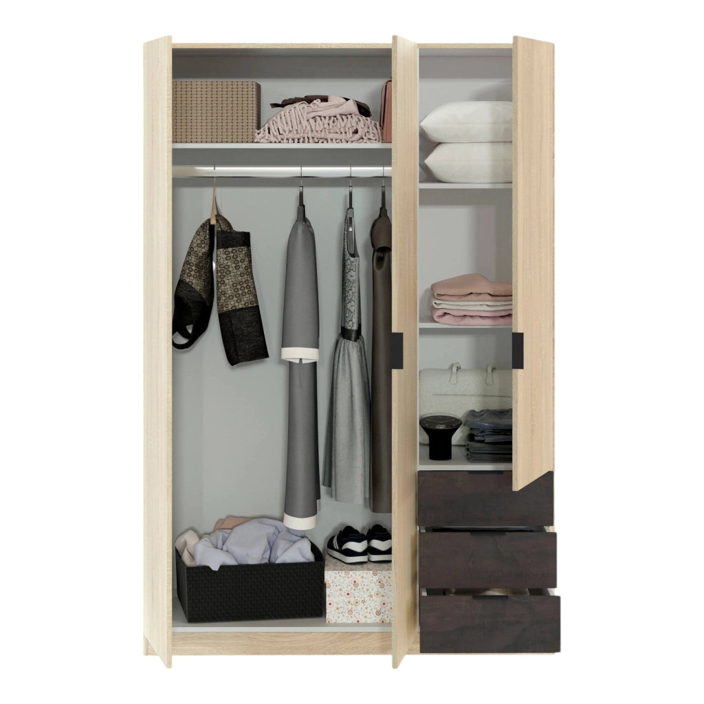 Guardaroba Apaches, Armadio per camera da letto a 3 ante e 3 cassetti, Mobile con barra appendiabiti e 3 ripiani cm 121x80h180, Rovere e Ossido