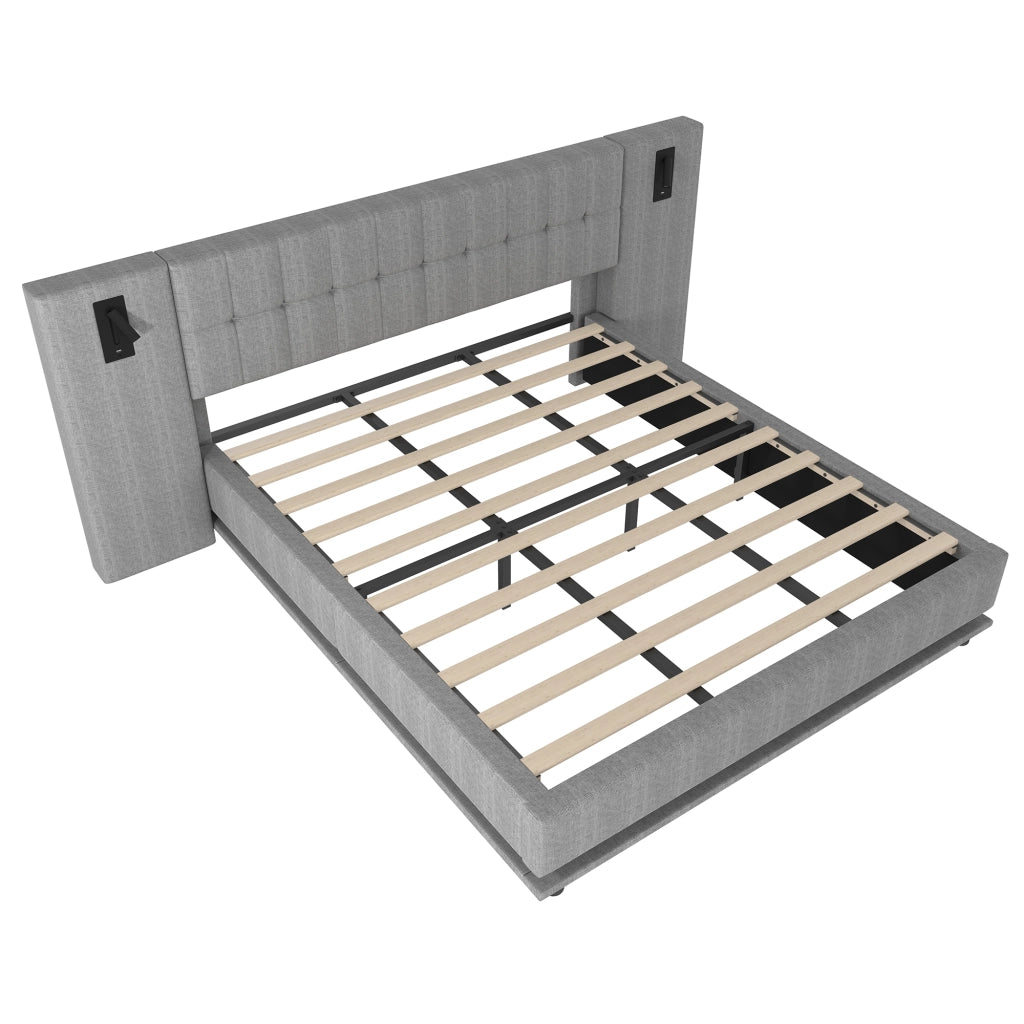 OKWISH Letto Imbottito 180×200 cm, Letto Matrimoniale con LED Regolabile, Luce Lettura e USB, senza Materasso, Lino, Grigio