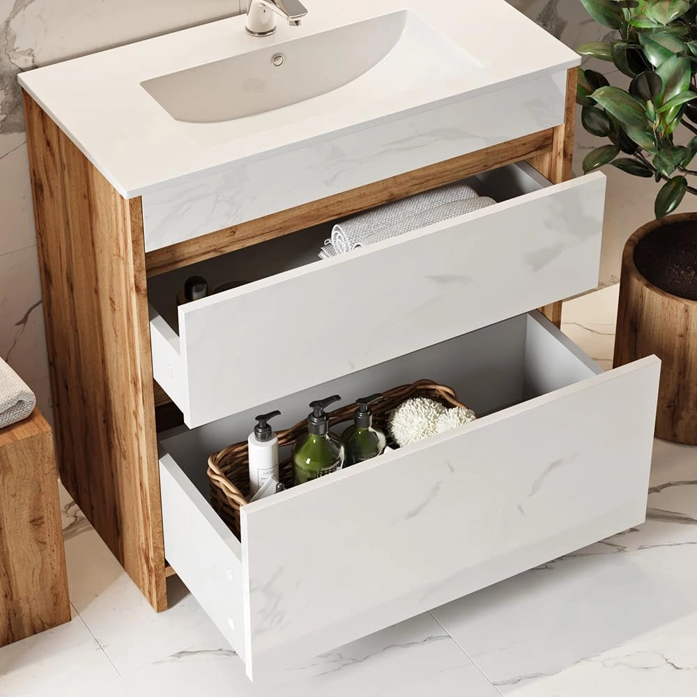 Mobiletto per lavabo Detmold, Quercia dorata, 2 parti, mobile base 80 cm, composto da mobile sottolavabo e lavabo