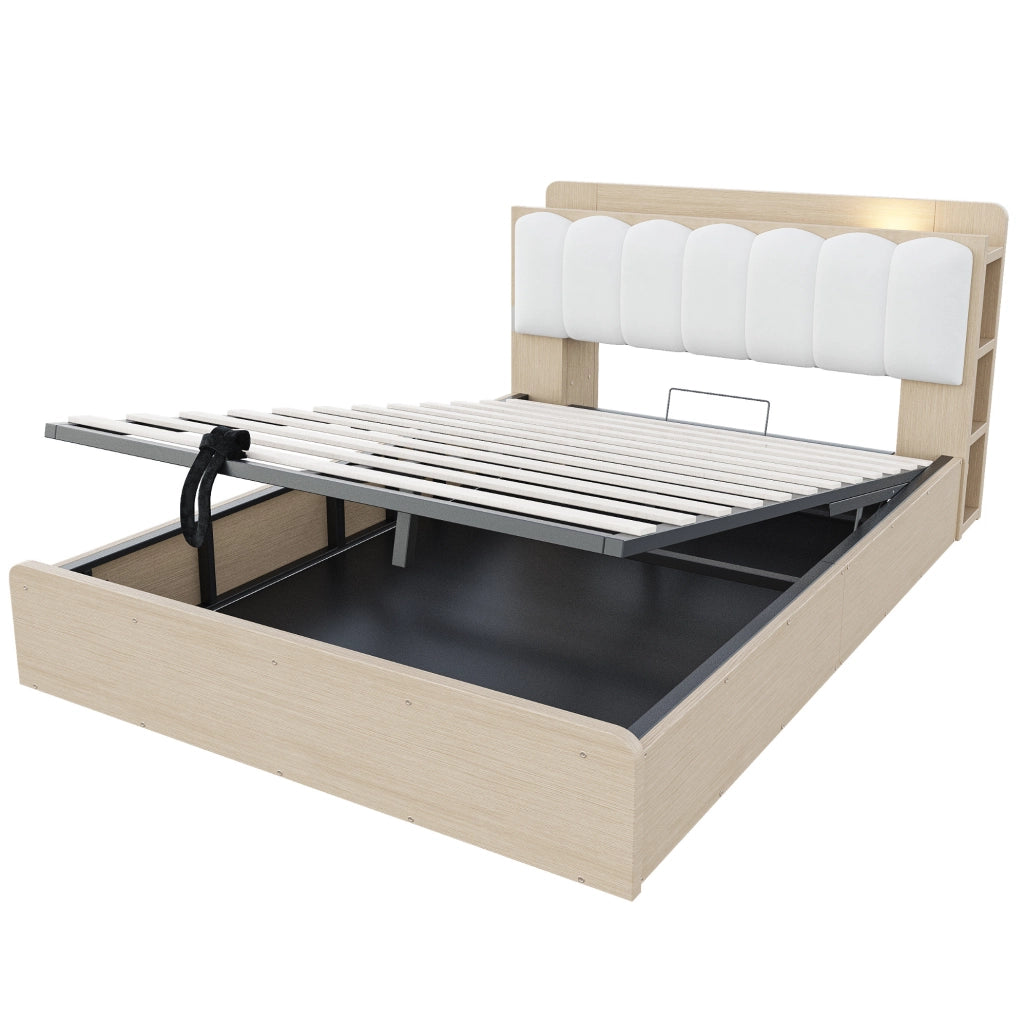 Letto 140x200 cm con contenitore idraulico; testiera con vani; USB e luce; legno colore naturale