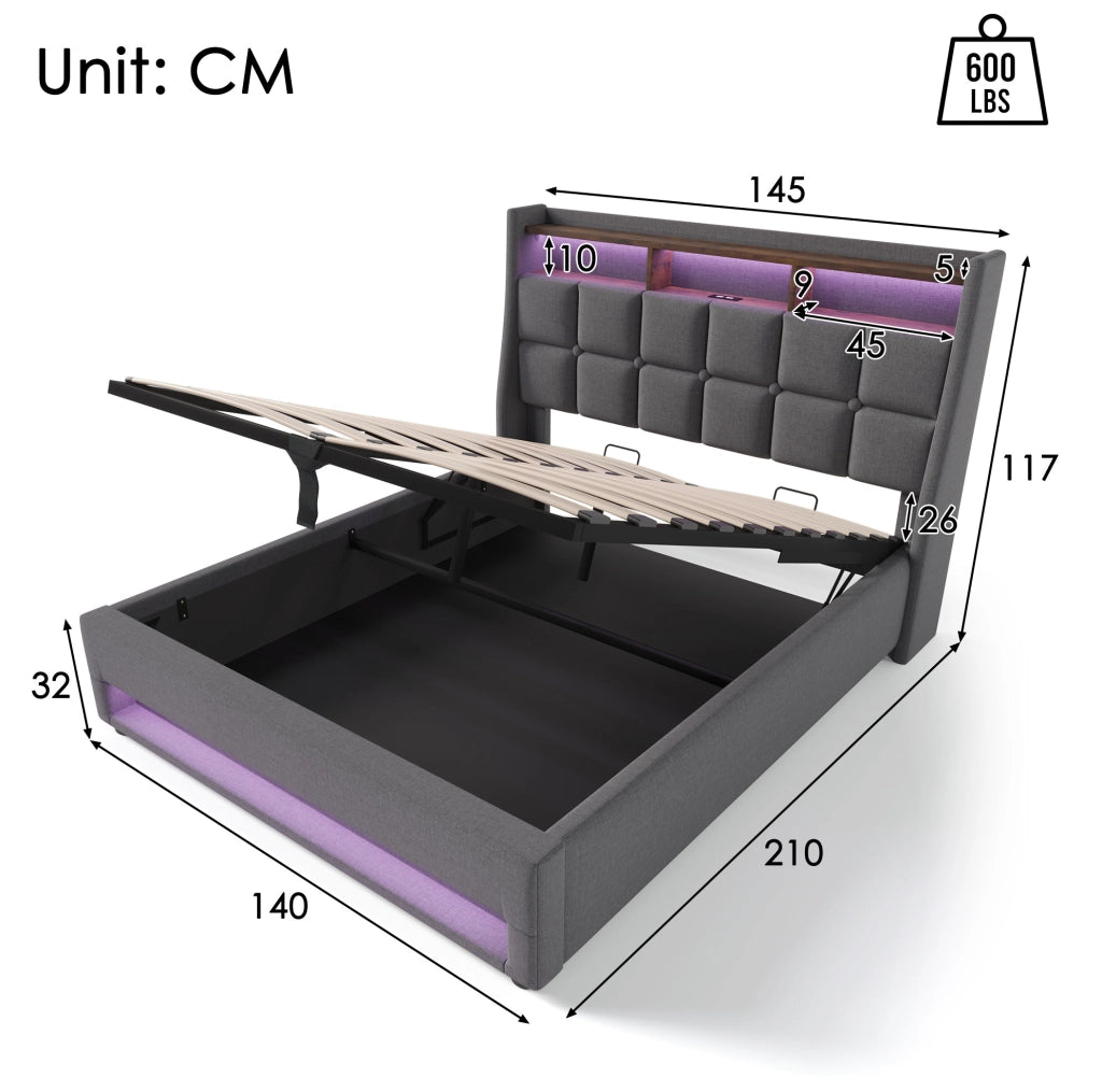 Letto imbottito 140x200 cm grigio con materasso H3, LED, USB e vano contenitore