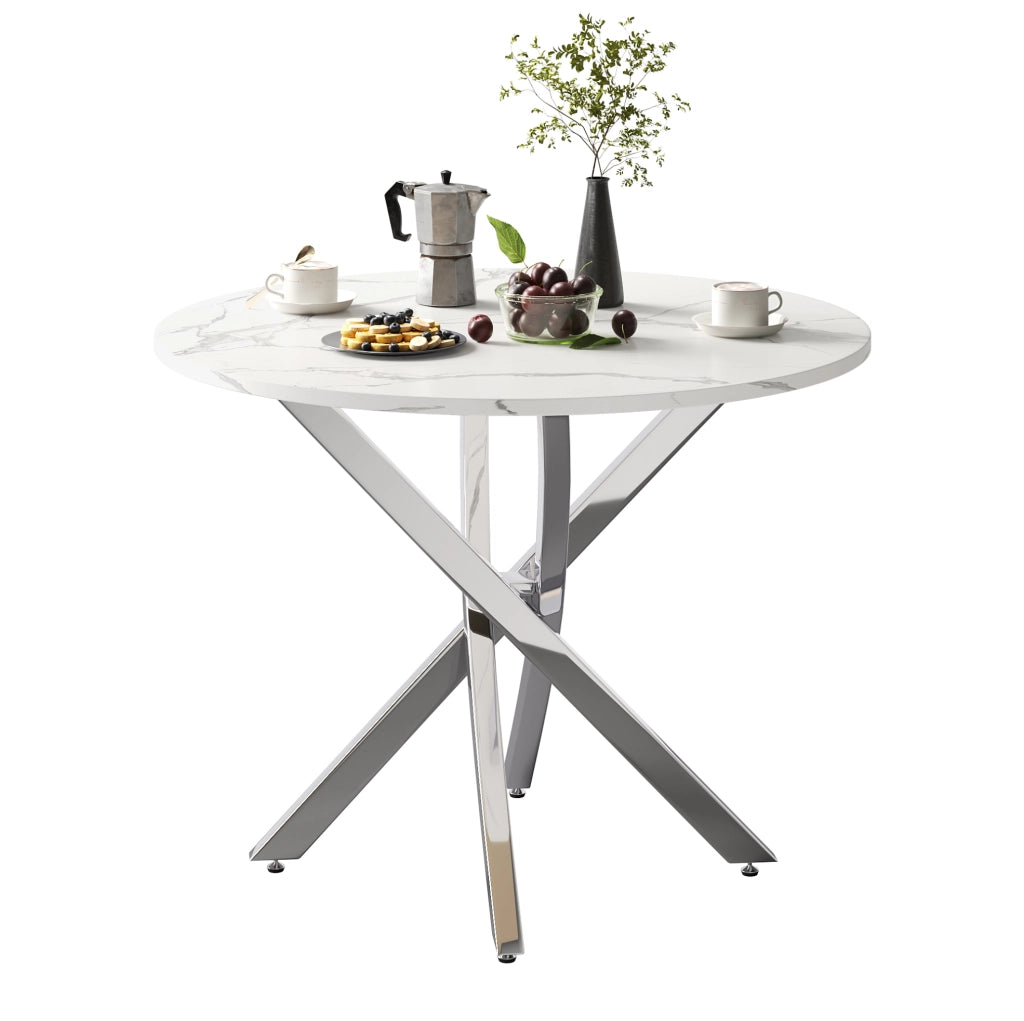 Tavolo rotondo 80 cm con piano effetto marmo; gambe cromate; MDF; bianco e argento