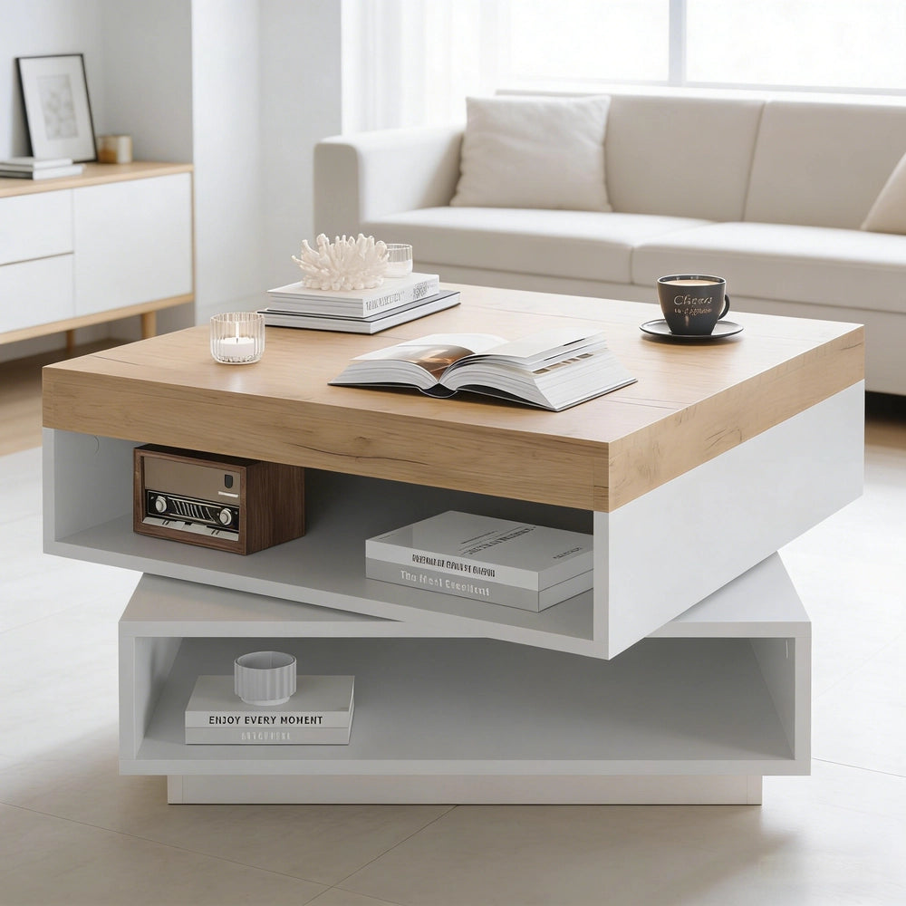 Tavolino da Caff¨¨ con LED Rotante 360¡ã ¨C MINIMAL ¨C Bianco/Legno 65x65x40