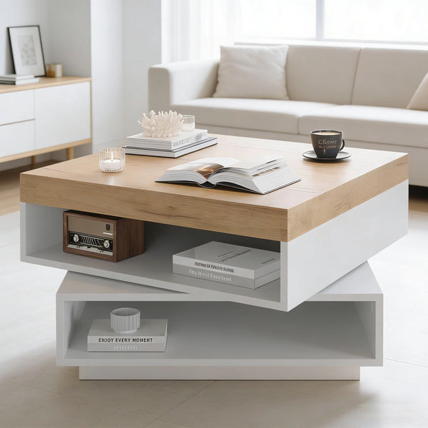 Tavolino da Caff¨¨ con LED Rotante 360¡ã ¨C MINIMAL ¨C Bianco/Legno 65x65x40