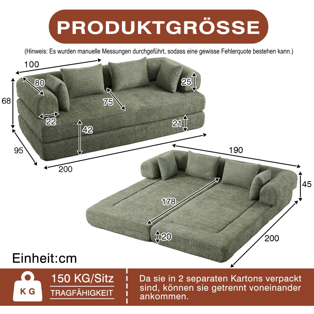 Desviae Divano letto modulare 4 in 1 in ciniglia verde con schienale regolabile 4 cuscini e base antiscivolo
